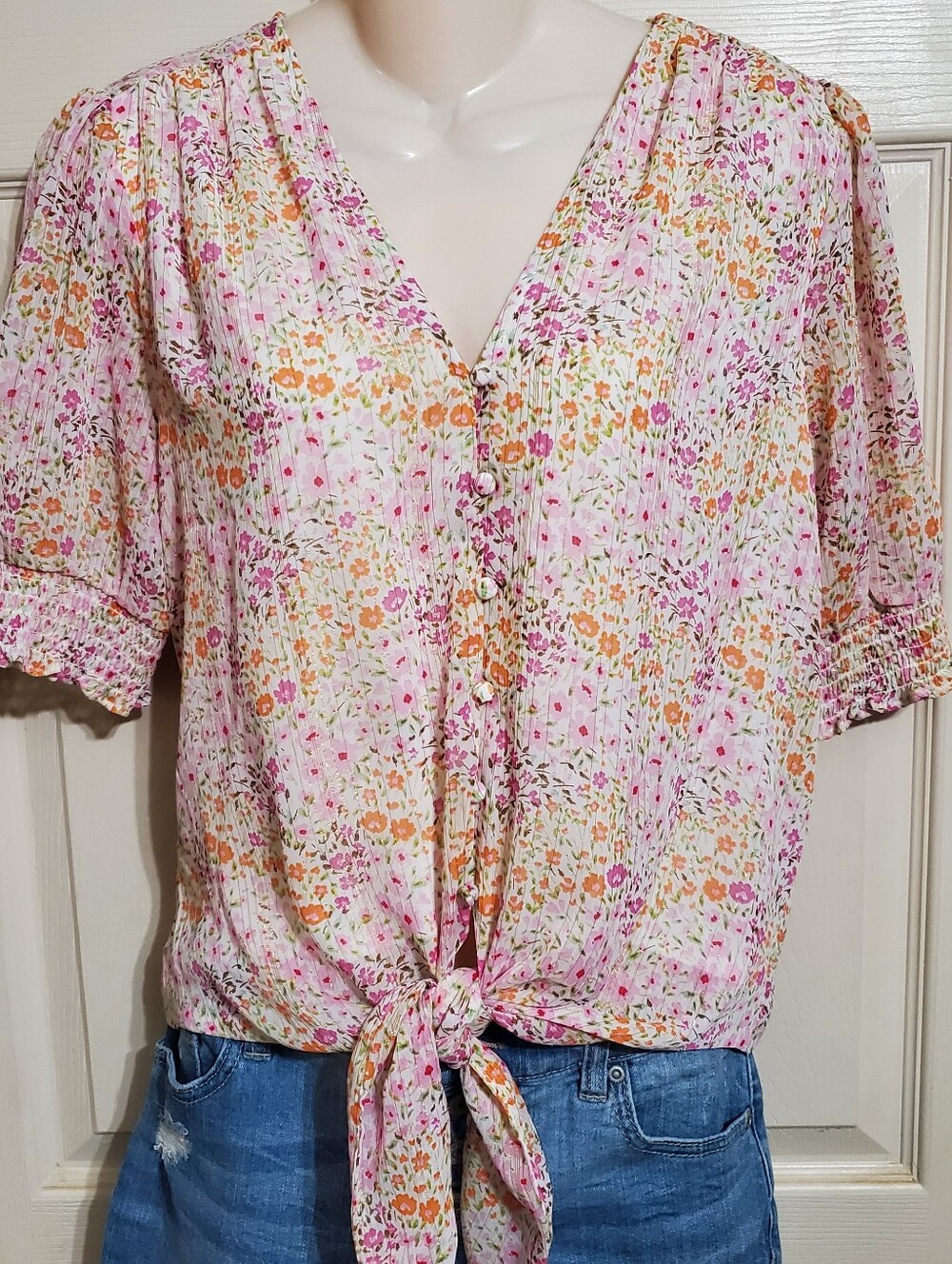 Tamara H Pink Floral Tie-Front Blouse Women's Size M